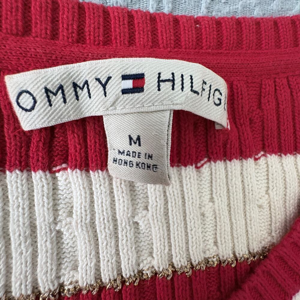 Tommy Hilfiger Stripe Cable Knit Sweater Red White Gold Medium Preppy - Picture 4 of 8